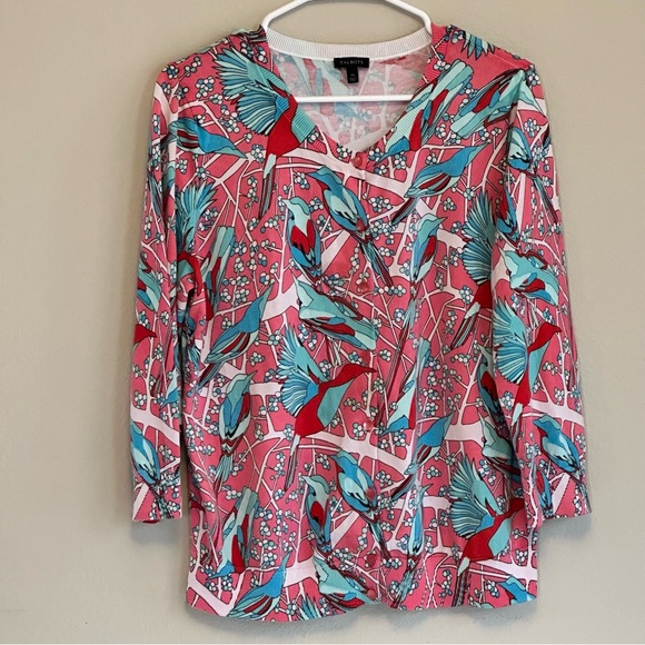 SOLD Talbots Pink Red Blue Bird Cardigan Women’s XL Hummingbirds Cotton Blend - Picture 1 of 5